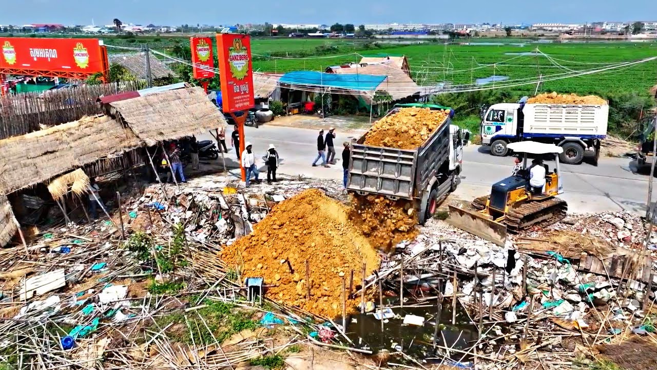 Start A New Great Project!!!! Dump Truck Fill Land in Flood Land With Bulldozer D20A Unloading