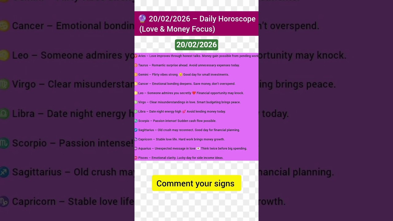 20 February 2026 Horoscope 🔮 |Today&rsquo;s Love & Money Predictions for All Zodiac Signs#astrology#shorts
