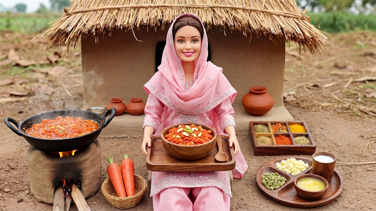 Miniature Doll Carrot Halwa Cooking ASMR | Indian Village Tiny Kitchen Sweet Dessert