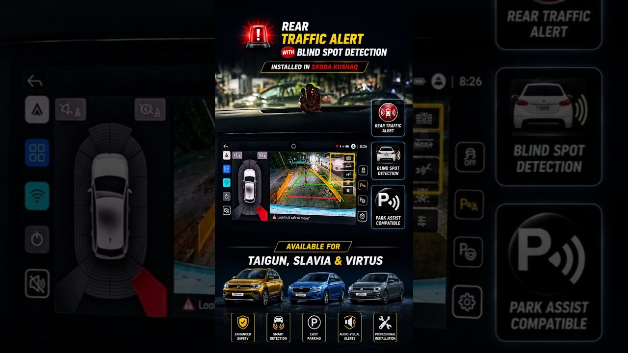 Rear traffic alert enabled by installing Blind Spot Detection in Skoda Kushaq!!