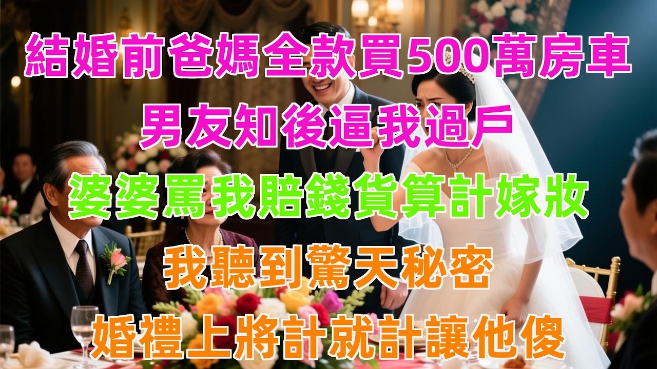 結婚前爸媽全款買500萬房車，男友知後逼我過戶，婆婆罵我賠錢貨算計嫁妝，我聽到驚天秘密，婚禮上將計就計讓他傻！