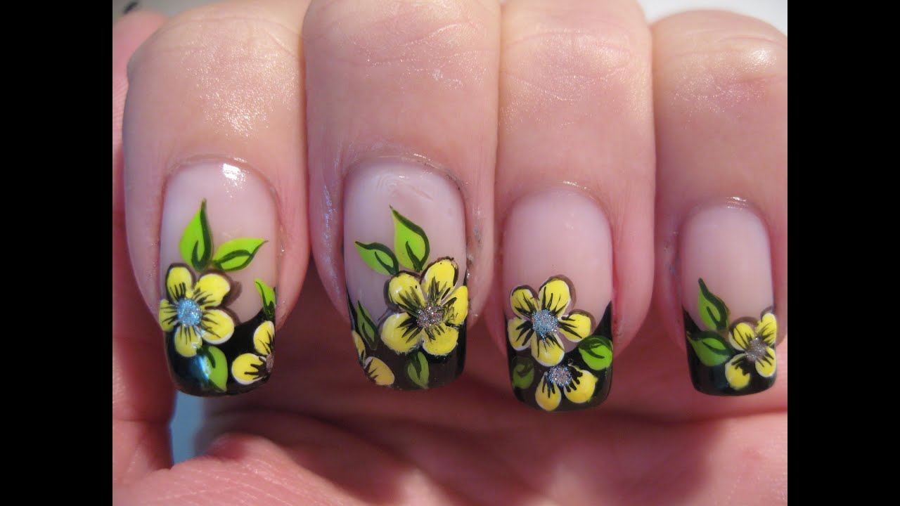 Nail art: Black french with yellow flowers