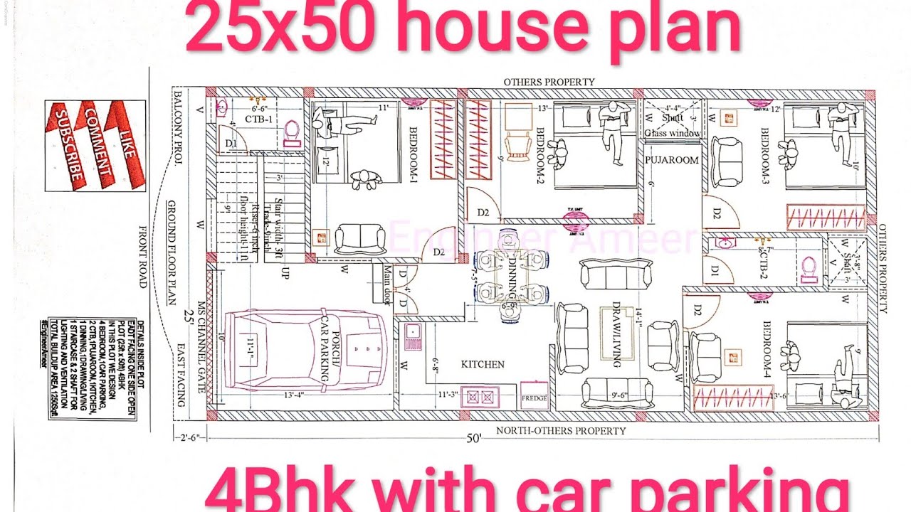 25x50ft east facing house plan 4bhk with car parking,25x50home design,25x50 ghar naksha,25x50 makan