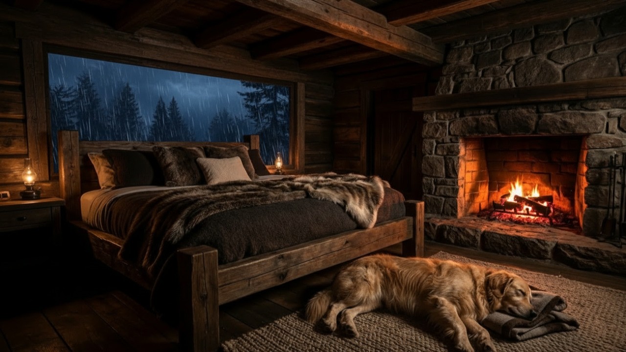 Heavy Rain in a Dark Cozy Bedroom | Fireplace Glow & Sleeping Dog (3 Hours)