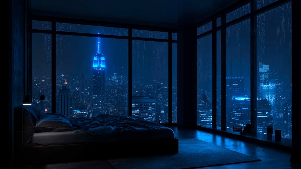 New York City Apartment Dark Bedroom | Rain Sounds, Soft Jazz Piano for Deep Sleep & Relaxing