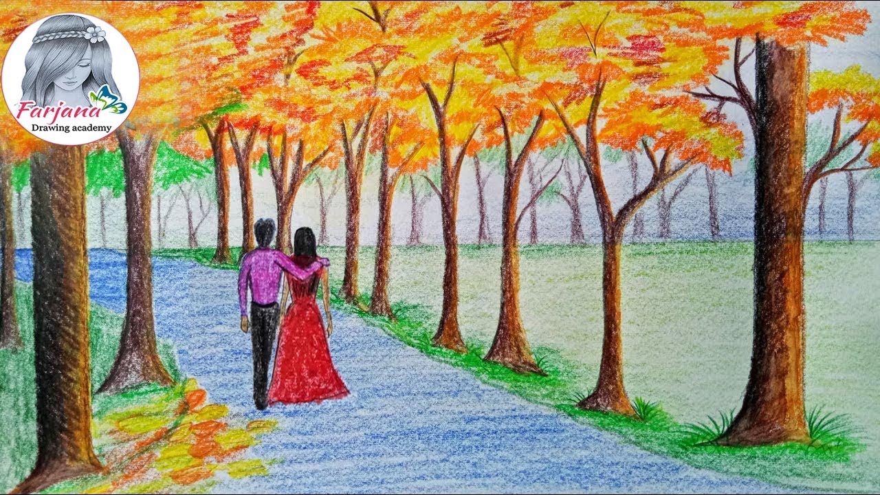 How to draw  scenery of autumn season Step by step