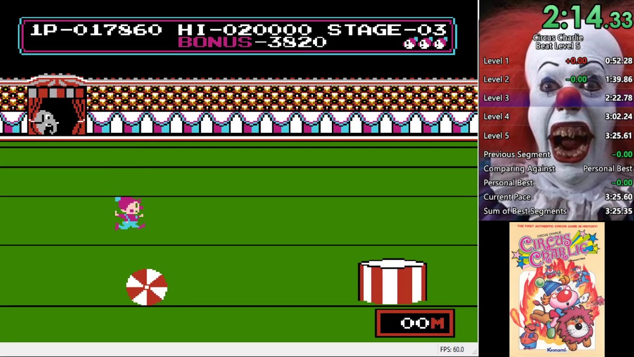 Circus Charlie (NES) speedrun in 3:25.433 (former World Record)