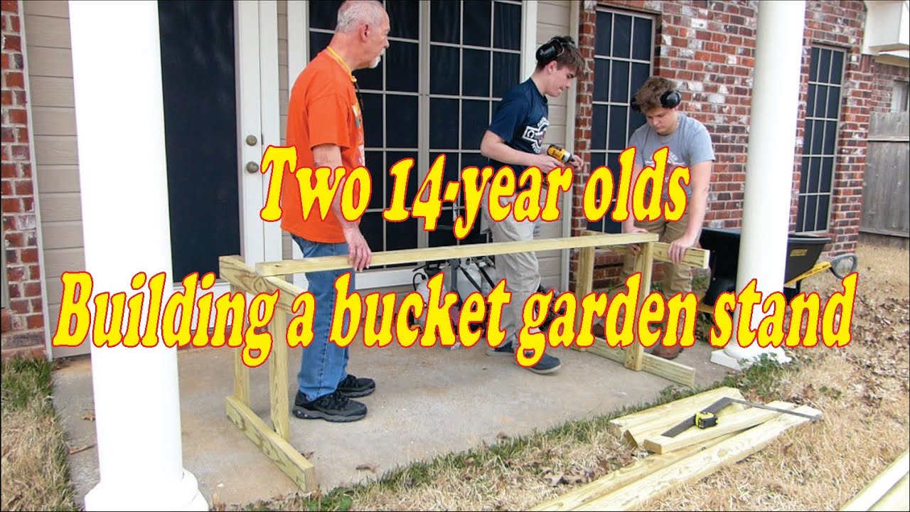 Two 14-year olds build a bucket garden stand
