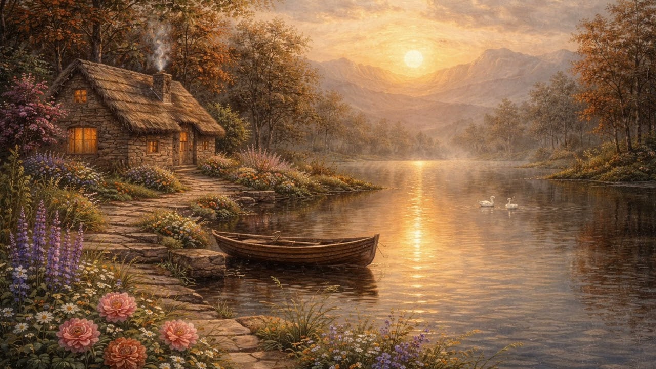 Golden Evening by the Lake – Peaceful Oil Painting for Relaxation