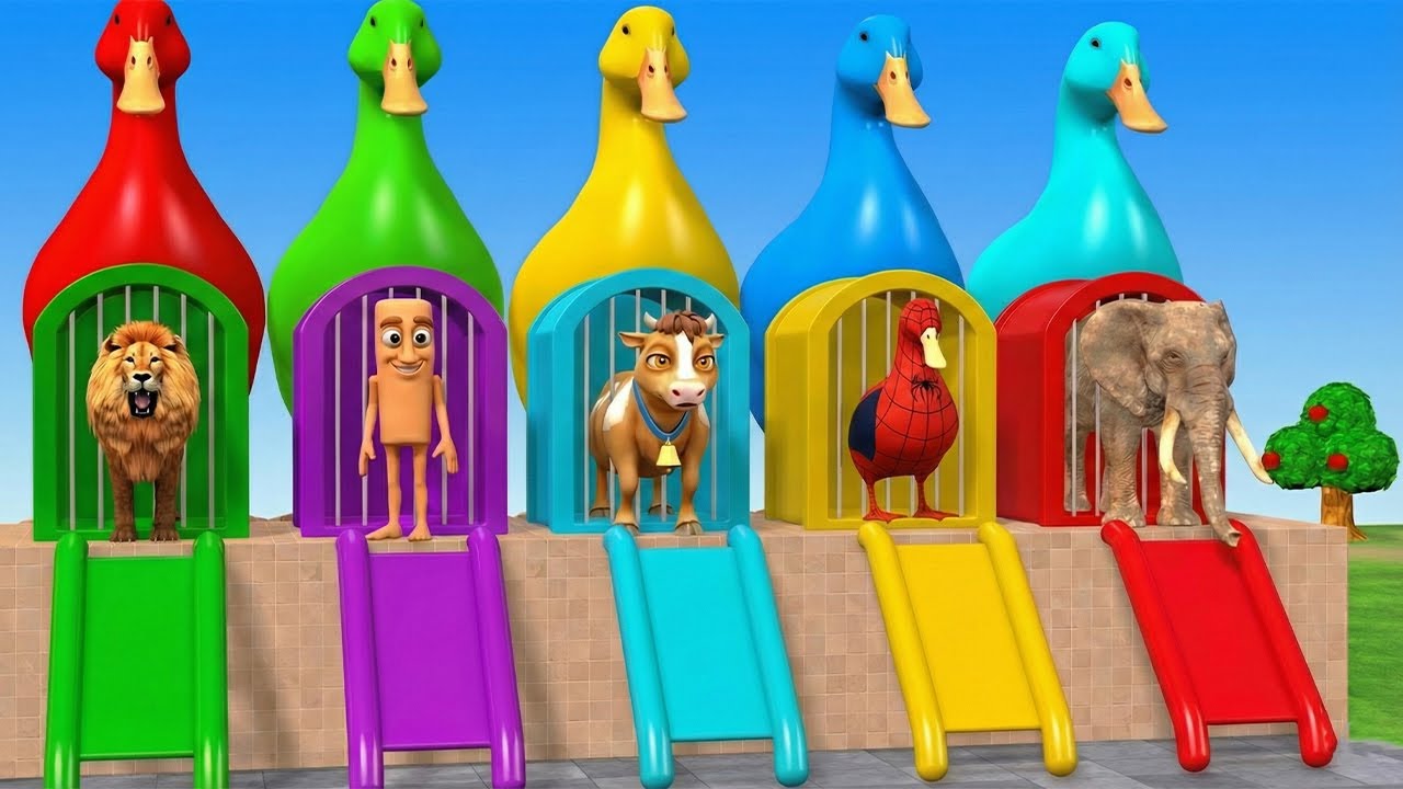 Long Slide Game With Cow Elephant Gorilla Hippopotamus Tiger - 3d Animal Game - Funny 3d Animals