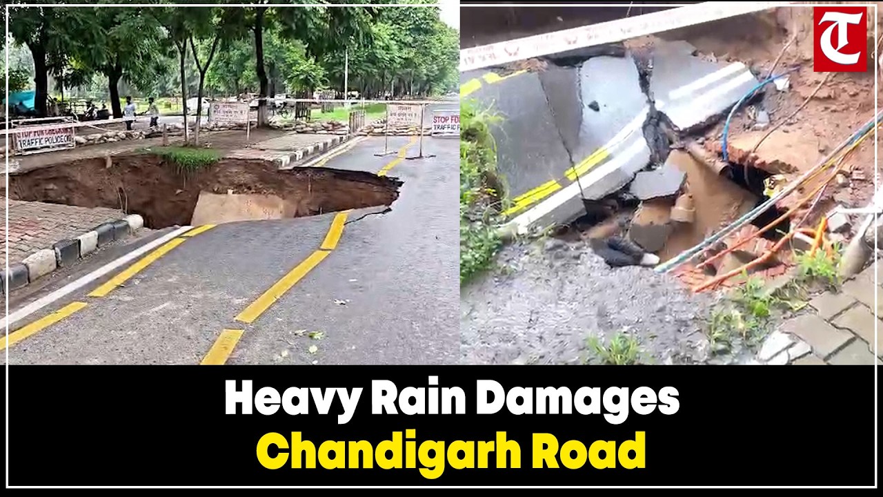 Heavy rain causes road collapse in Chandigarh, disrupting traffic on Sector 26/28 dividing road