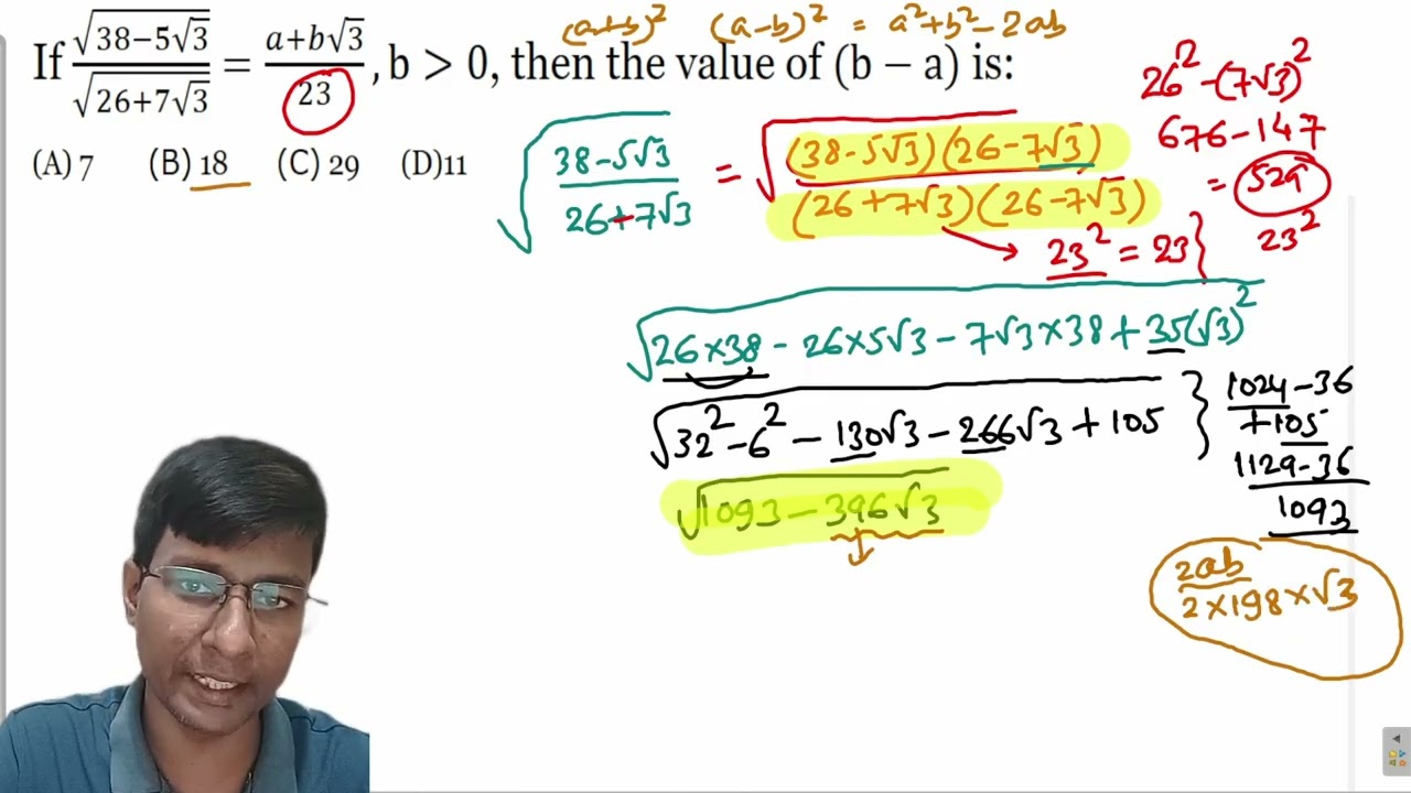 If √(38−5√3) /√(26+7√3) =(a+b√3)/23