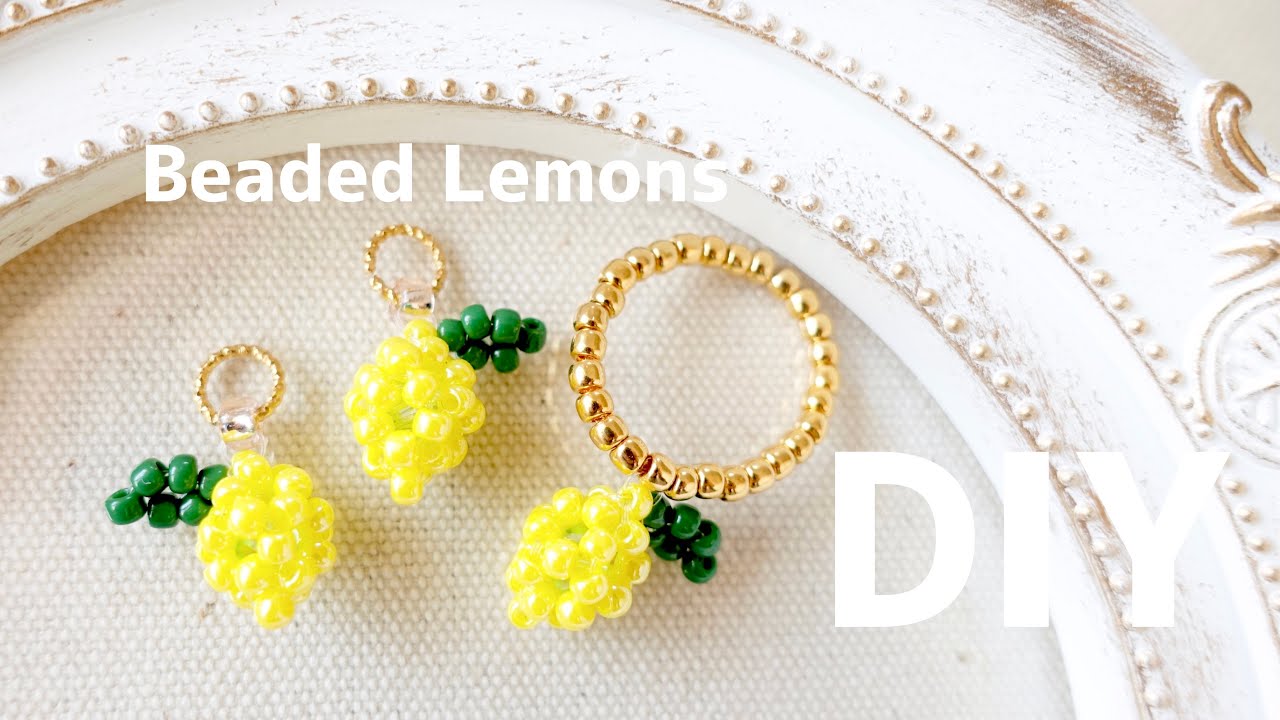 DIY🍋Beaded Lemons Charm tutorial|How to make|hair tie|fruits|小さなレモンチャームの作り方♪ビーズリングやブレスレットにも|アクセサリー