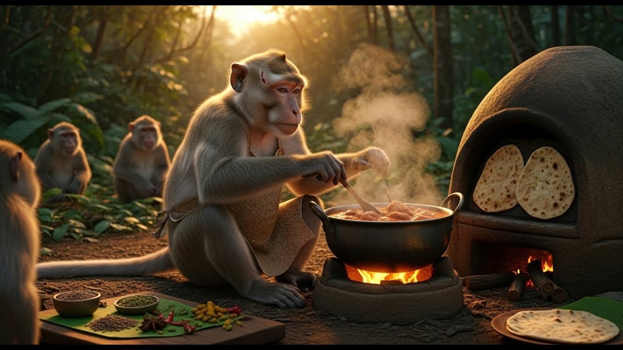 Forest Cooking: Mutton Curry and Naan Made by a Macaque Chef Over Wood Fire