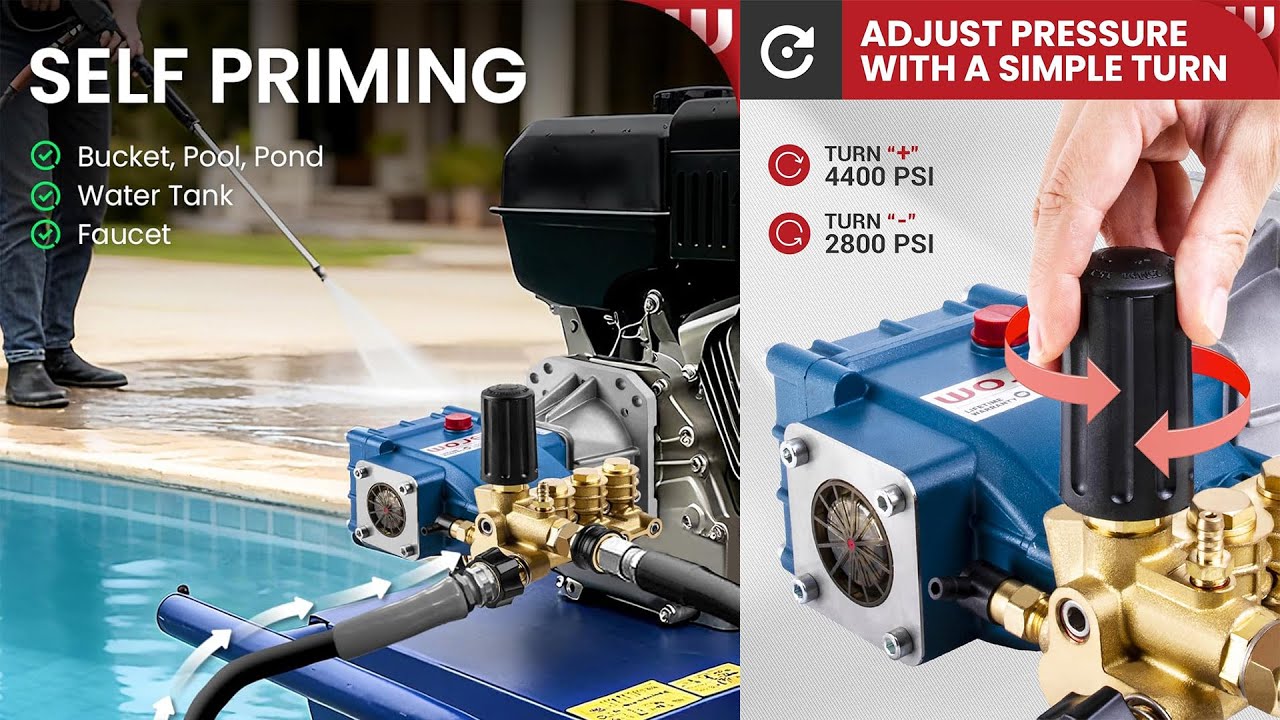 WOJET Triplex Plunger Pressure Washer Pump | 4400 PSI 4.0 GPM | Horizontal Replacement Pump