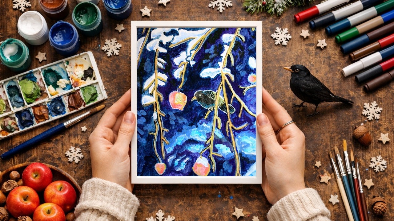 Winter Bird on Snowy Apple Tree | Meditative Guache Painting Process