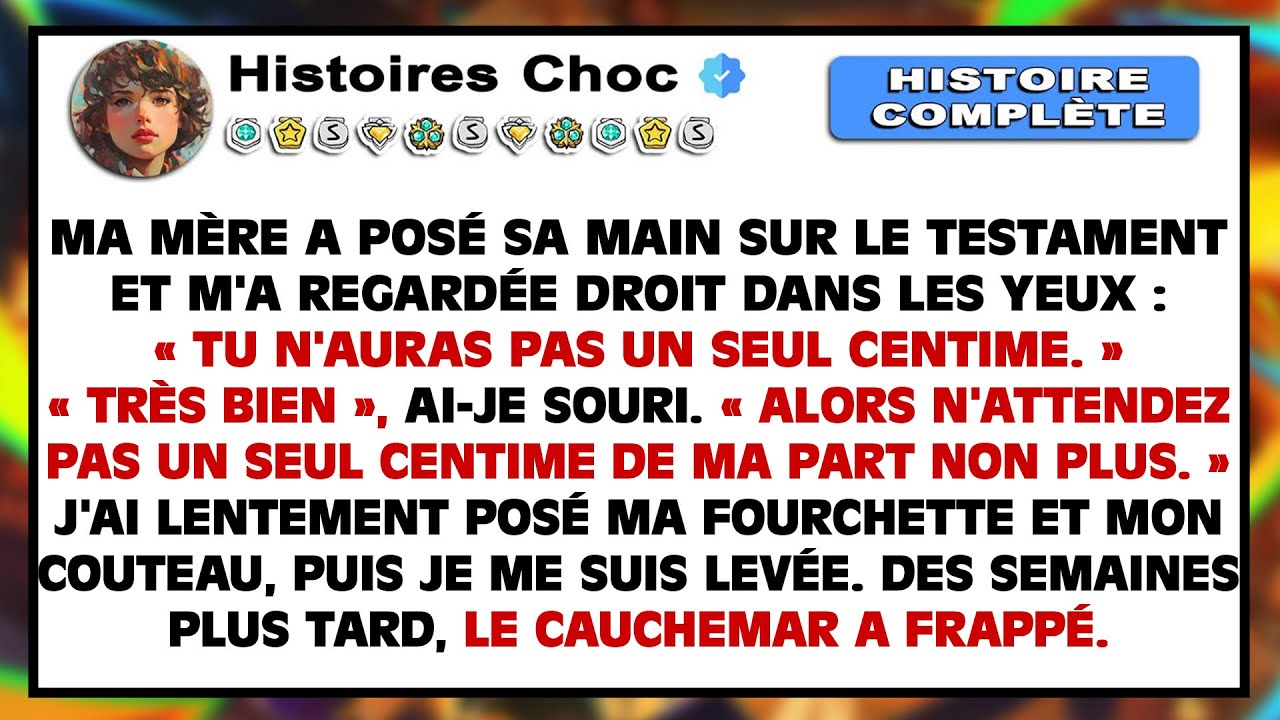 Choquant ! Mes parents m'ont invitée uniquement pour me dire que leur testament laisse tout à mes fr