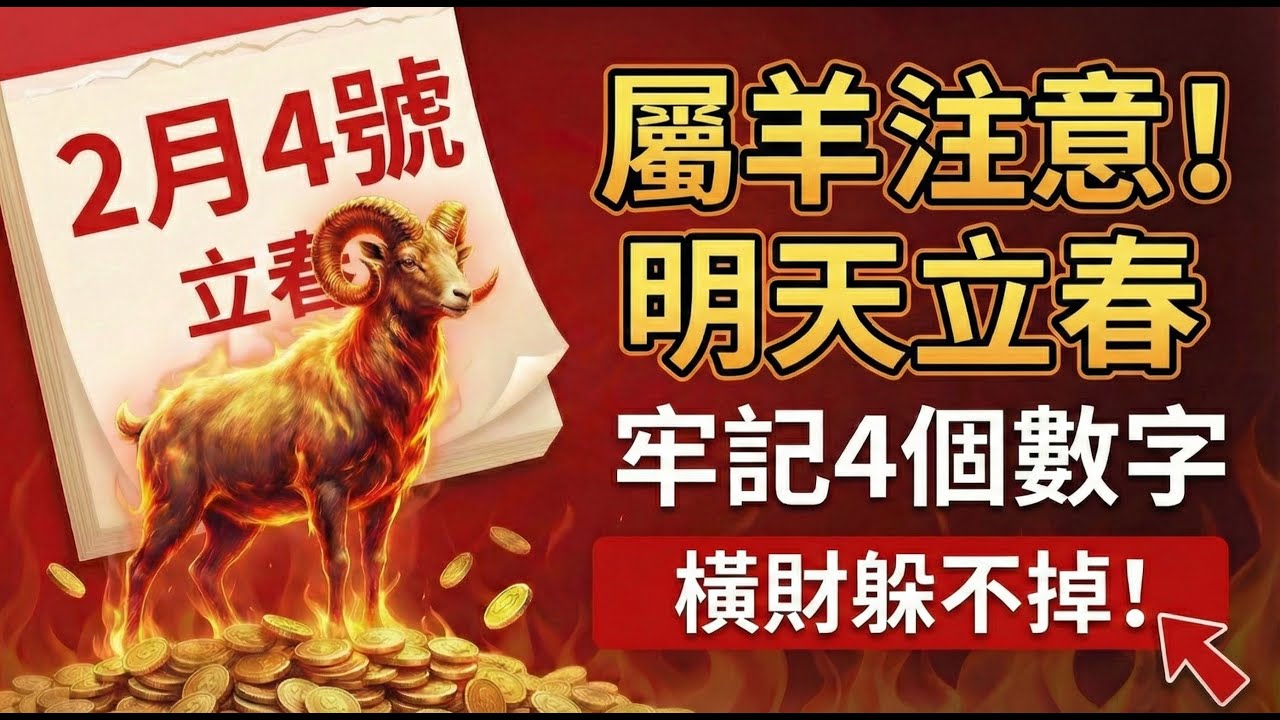 生肖羊，明天2月4號「立春」，你的偏財旺，這4個數字最招財，記住用它，會有橫財驚喜！#2026屬羊運勢 #立春開運 #偏財運 #生肖羊2026運勢 #幸運數字 #橫財 #招財數字 #數字能量 #生肖羊