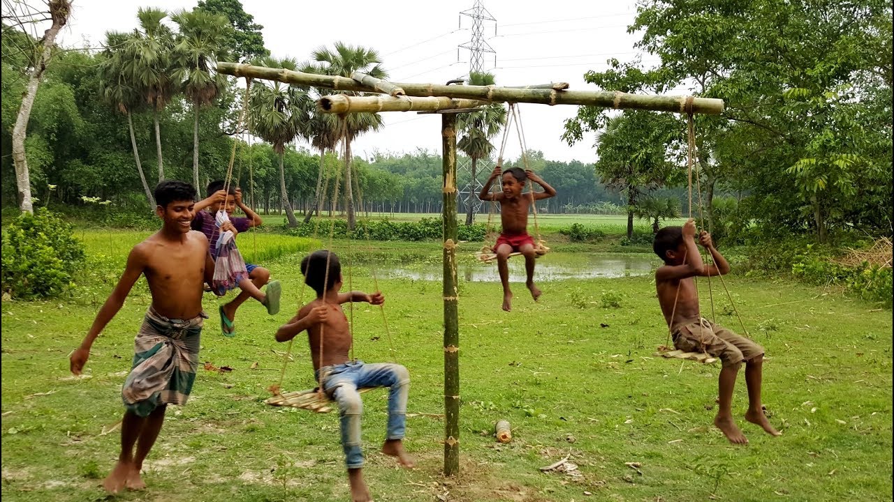 Beautiful Hanging Swing Toy For Village Kids - Primitive Bamboo Rocking Cradle Making By Boys
