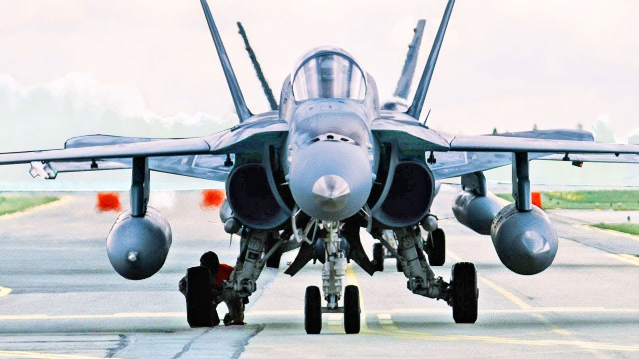 Spanish Air Force McDonnell Douglas F/A-18 Hornet Fighter Aircraft, Take Off, Flight and Landing