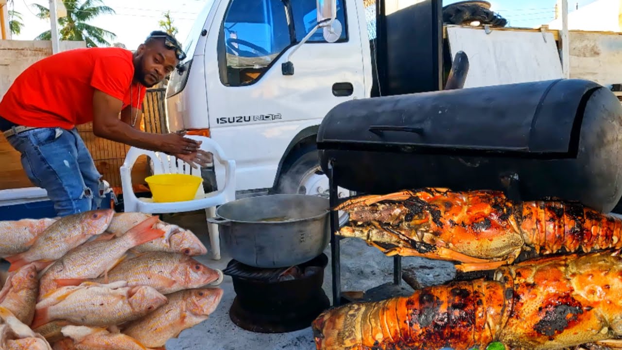 OUTDOOR COOKING BIG POT A SOUP GRILLED FISH + GRILLED LOBSTER + JERK CHICKEN
