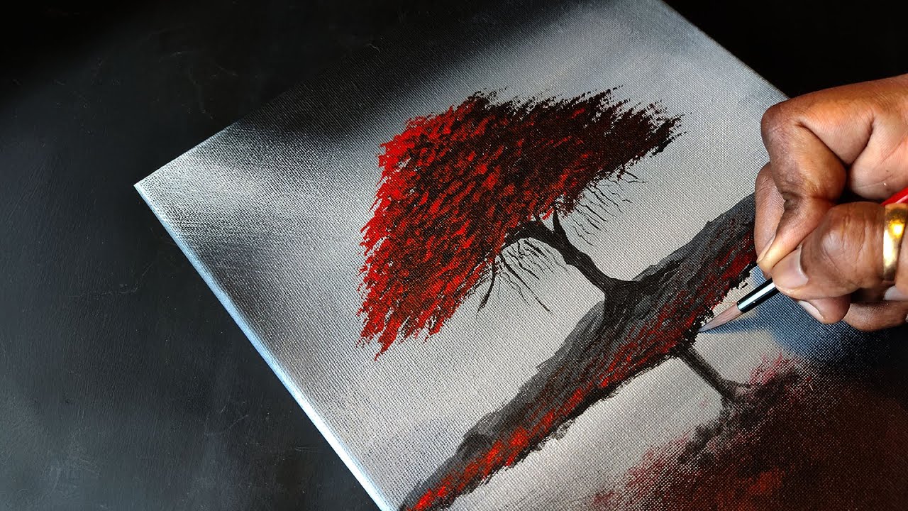 Easy Acrylic Landscape | Tree with Red Leaves & Water Reflection