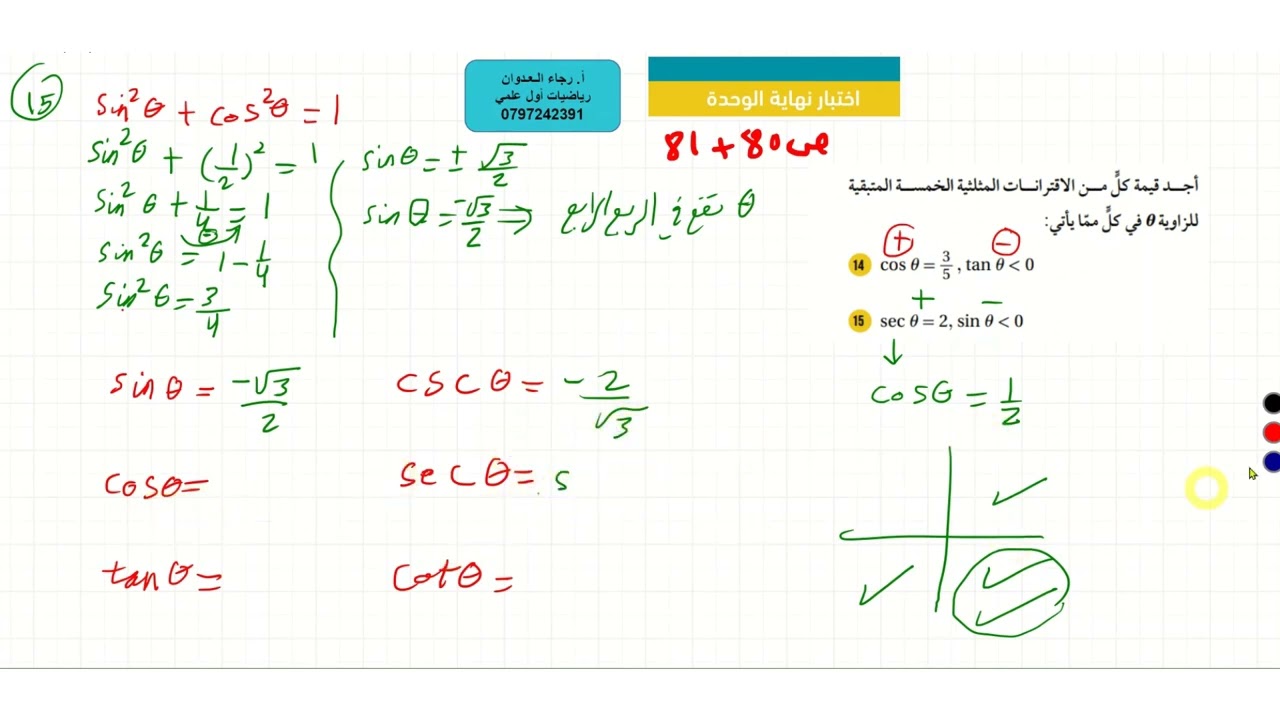 اختبار وحدة الاقترانات المثلثية  ص80-81 جزء 2 رياضيات الصف الأول ثانوي علمي