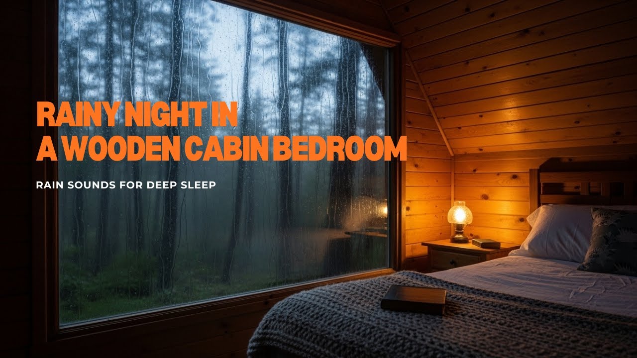 Rainy Night in a Wooden Cabin Bedroom