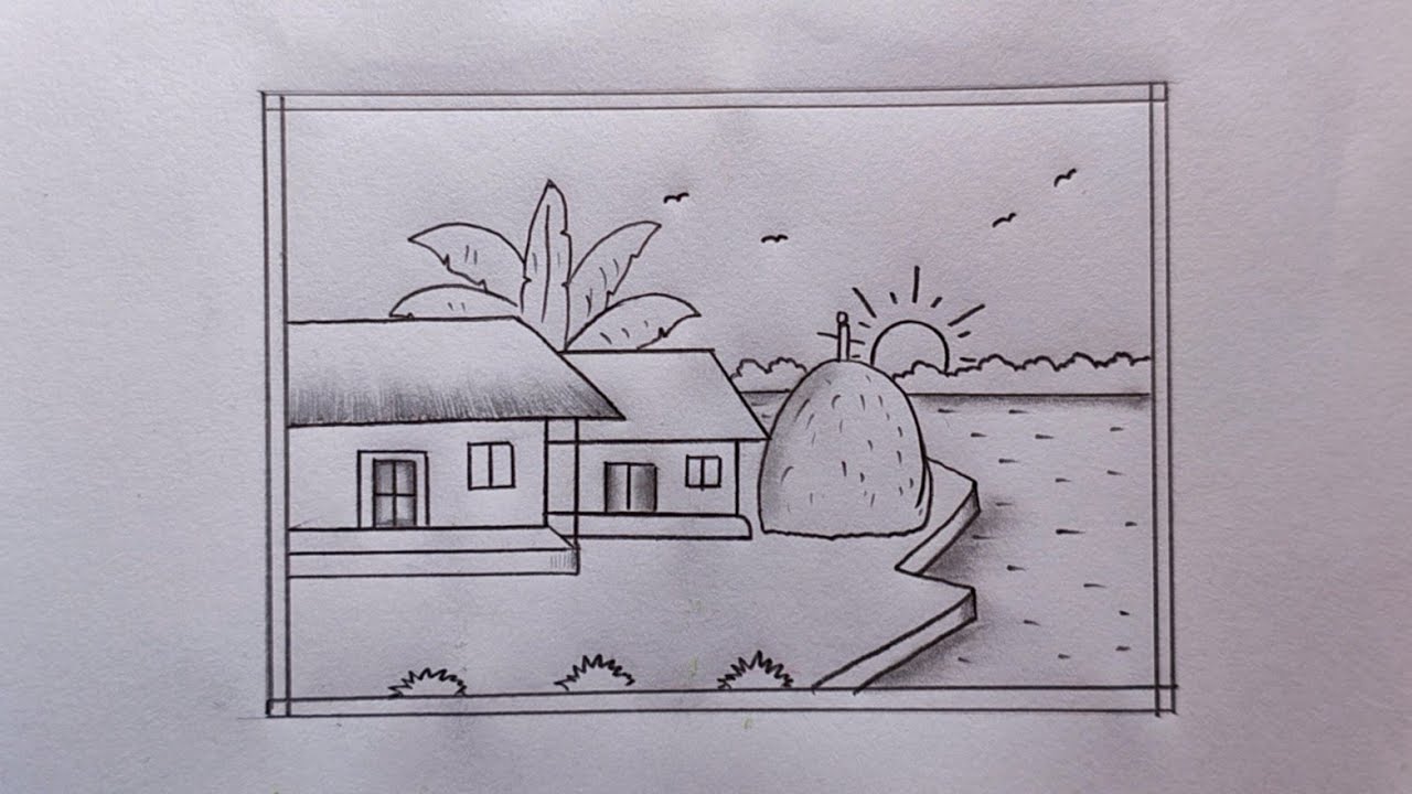 Landscape Scenery drawing easy| Village scenery drawing| Easy scenery drawing| Pencil drawing easy 
