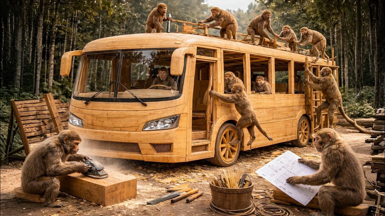 Highly Skilled Monkeys Making a Wooden Bus in the Jungle 