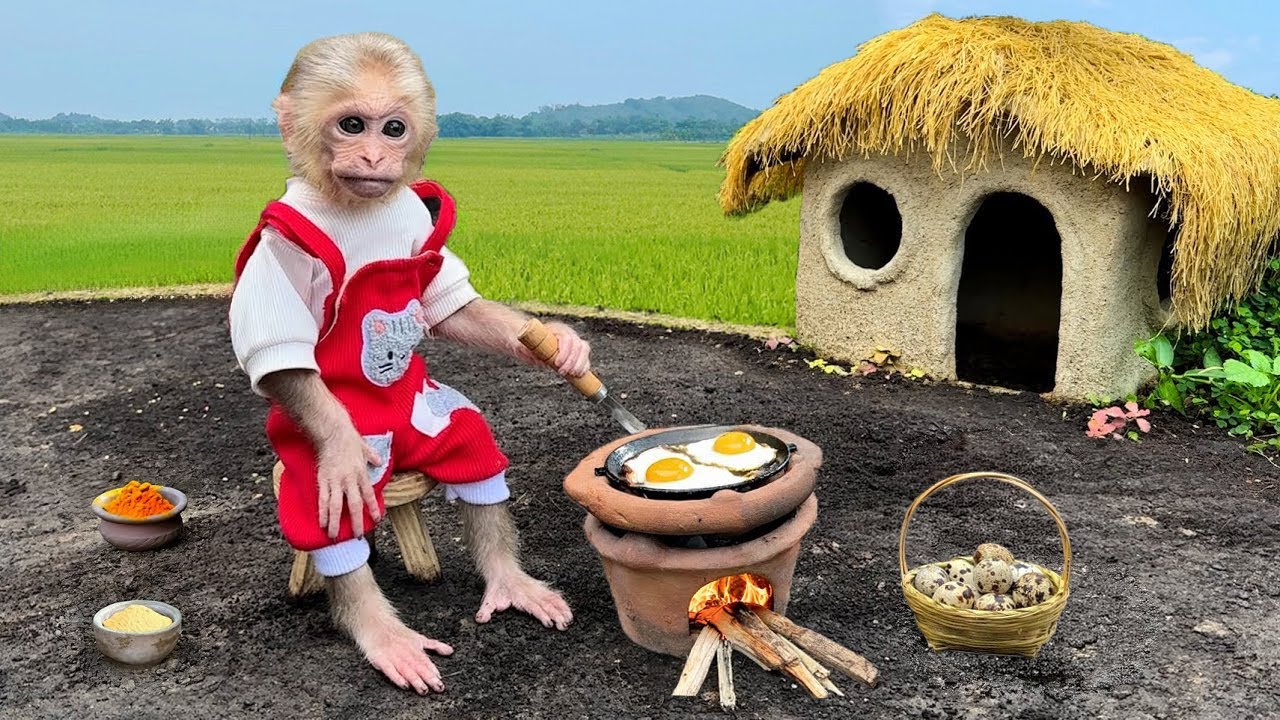 Smart baby Monkey Xuka harvests quail eggs to make a tasty fried egg meal