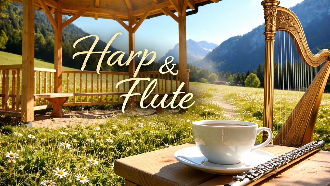 Peaceful Alpine Morning ☕ Harp & Flute Relaxing Music | Calm Mountain Tea Ambience (3 Hours) 