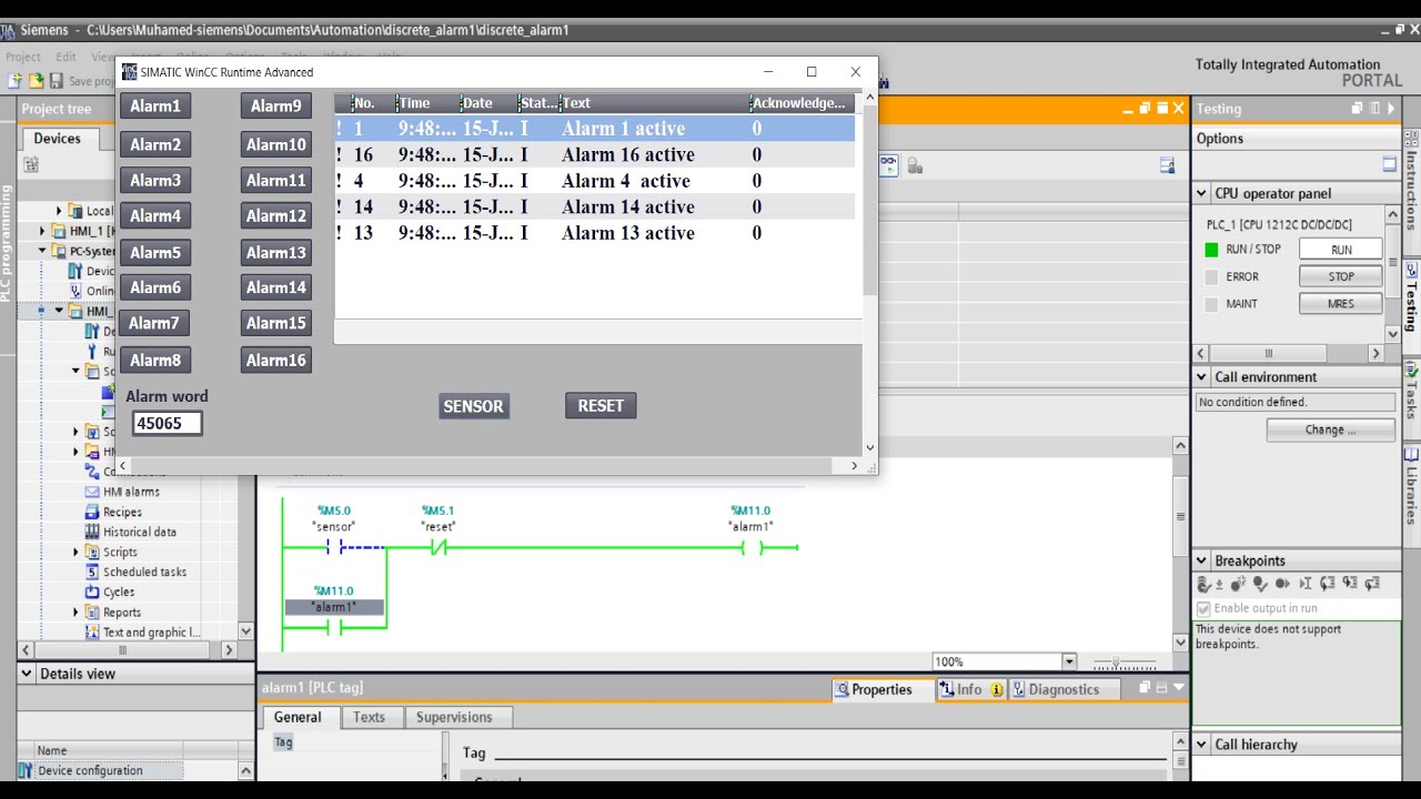 TIA Portal discrete alarms