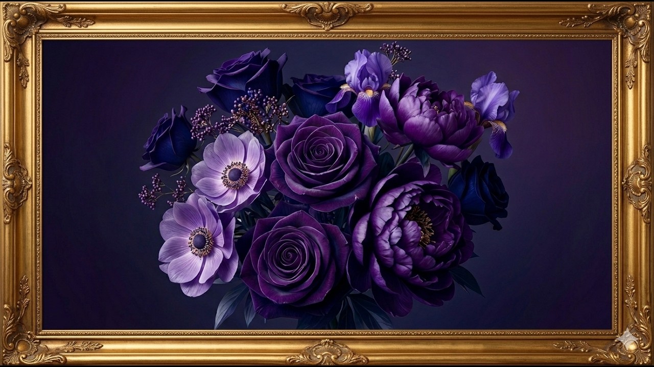 🔴 LIVE 24/7 | Silent Canvas – Purple Flowers in Golden Frame | Relaxing Art Meditation Calm Visuals