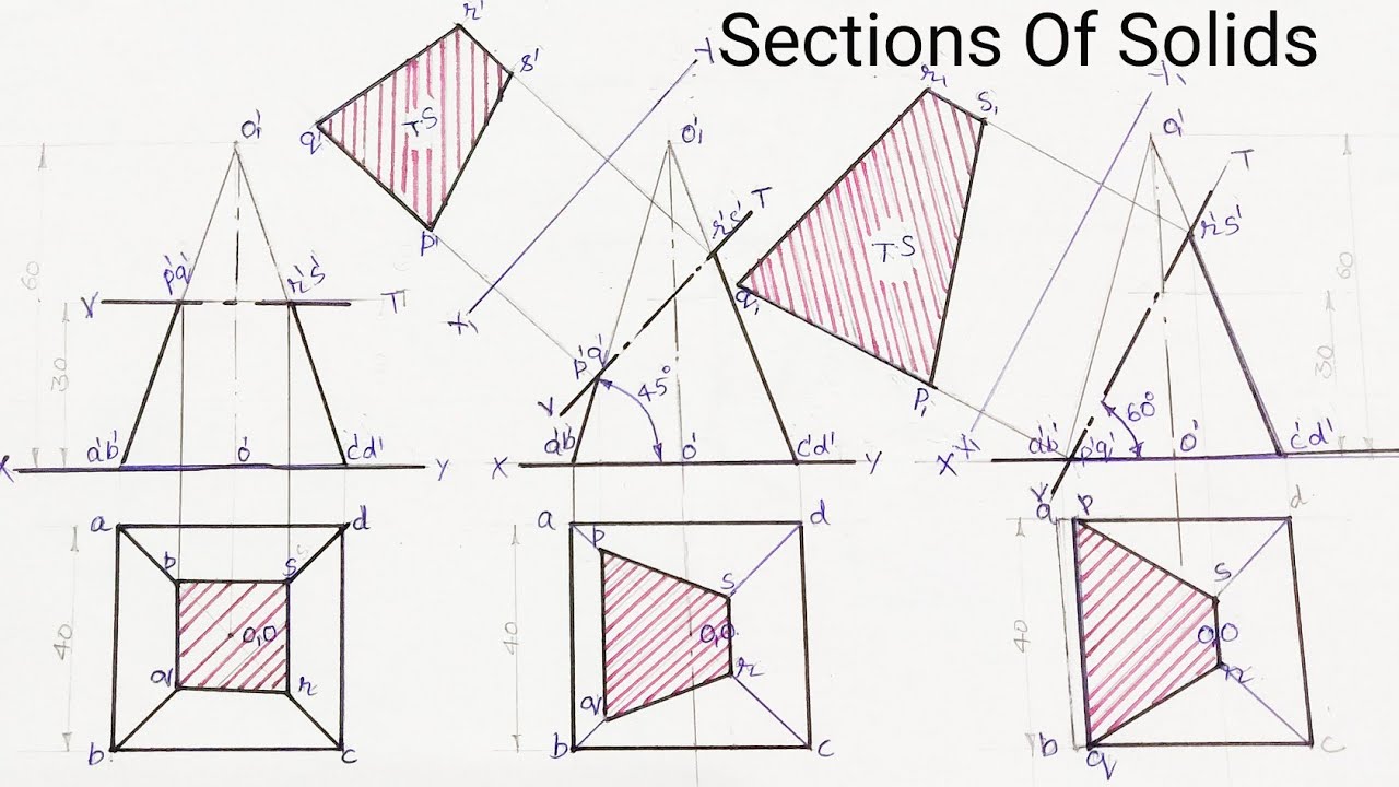 Сечения тел: секущая плоскость параллельна и наклонена к H.P.