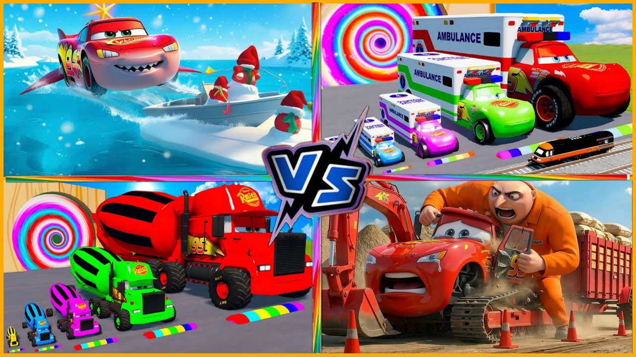 McQueen's Crazy Adventure! Huge Cars vs Monsters! ⚡🌈👹 Enjoy!