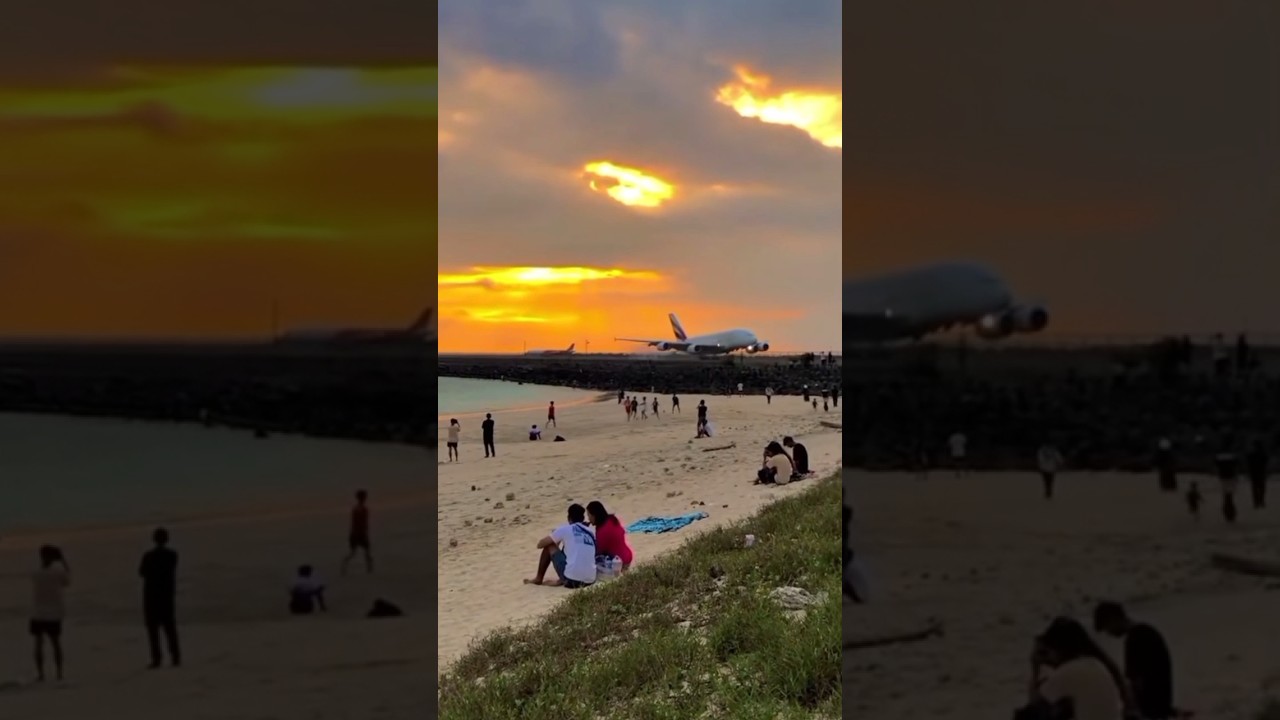 indahnya sunset dan pesawat landing di pantai kelan bali