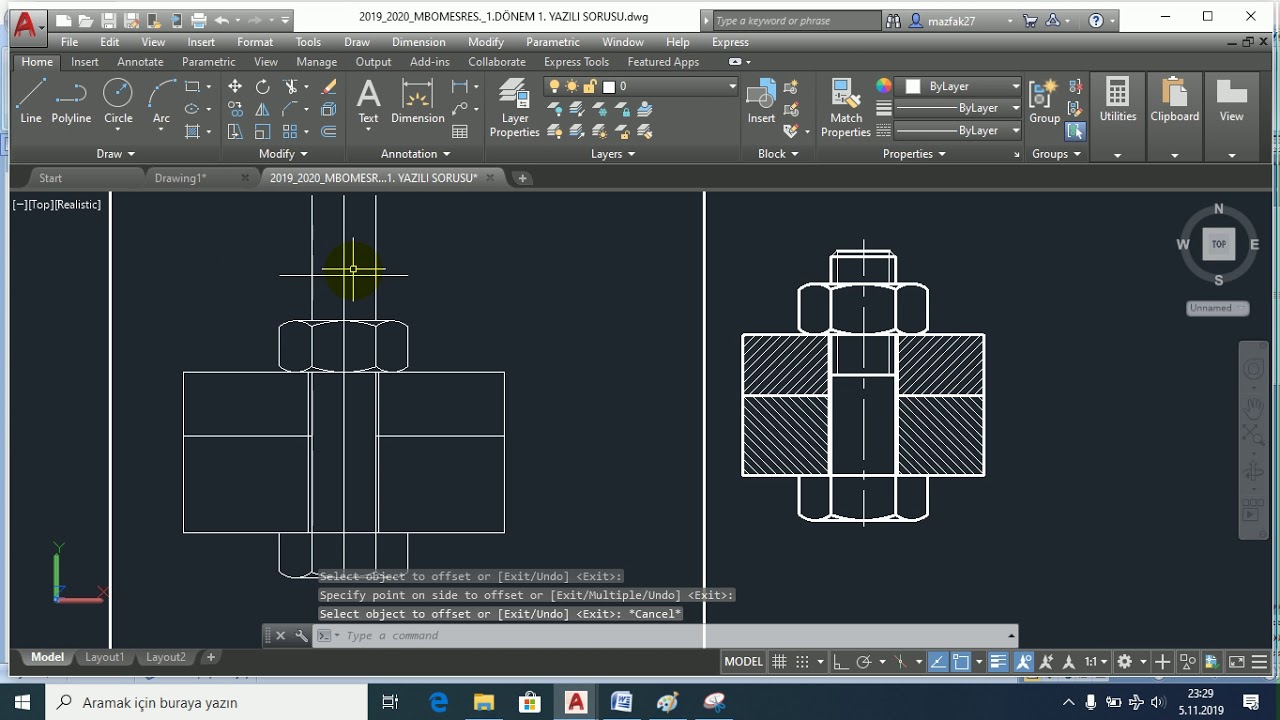 CIVATA VE SOMUN İLE BİRLEŞTİRME RESMİ ÇİZİMİ AUTOCAD