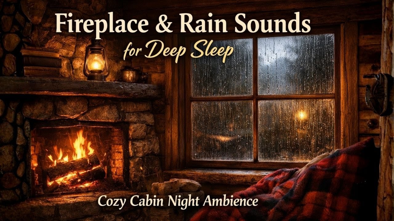 Fireplace & Rain Sounds for Deep Sleep | Cozy Cabin Night Ambience