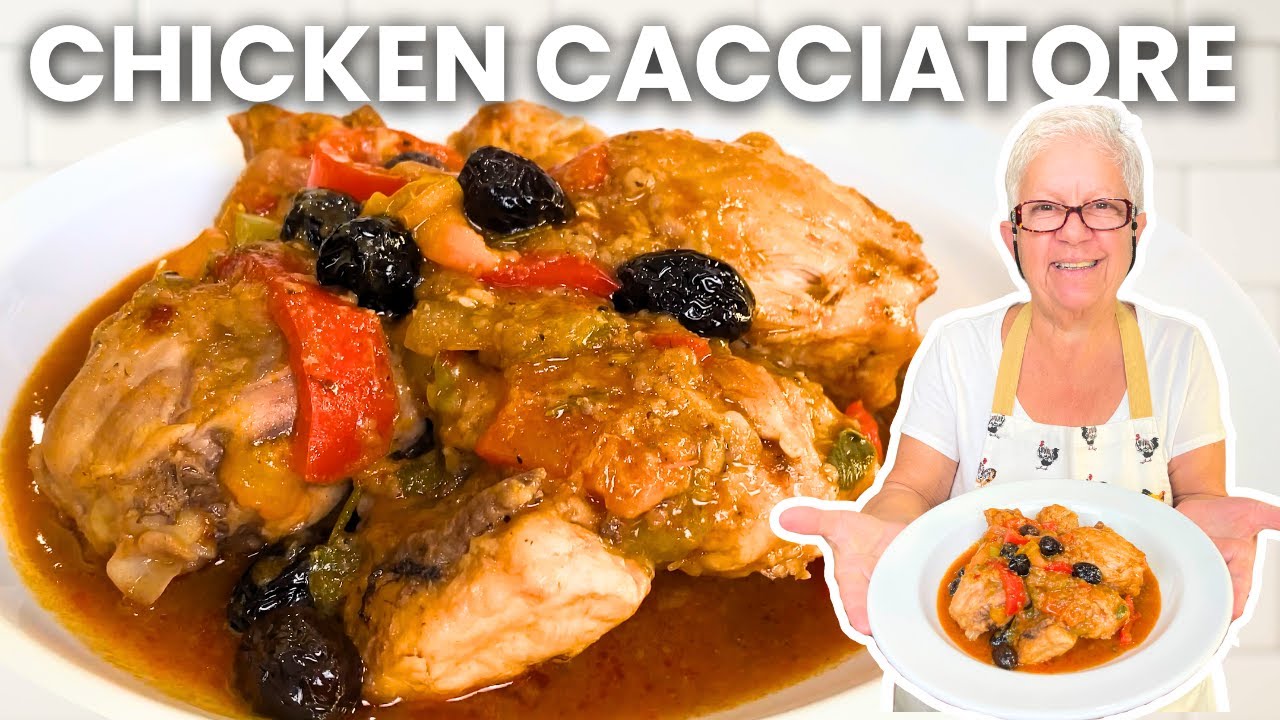 Easy Chicken Cacciatore Recipe | Italian Chicken Stew with Tomatoes, Peppers, Onion, Olives, & Herbs