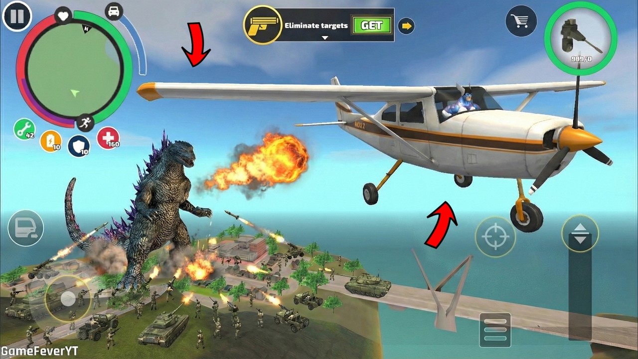 Rope Hero Vice Town (Godzilla throws fireball on chopper) Rope Hero is zick zack flying the chopper)