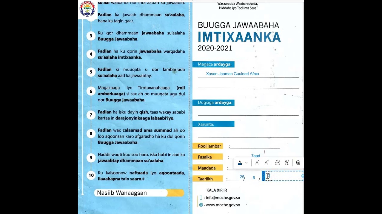 Buugga jawaabaha Imtixaanka .  Fadlan subscribe, share iyo like dheh.