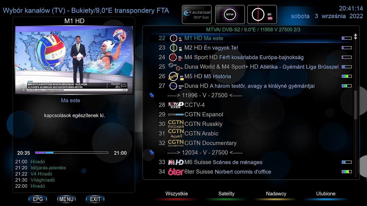 Zapping kanałów FTA - Eutelsat 9B (KU) 9° East (03.09.2022)