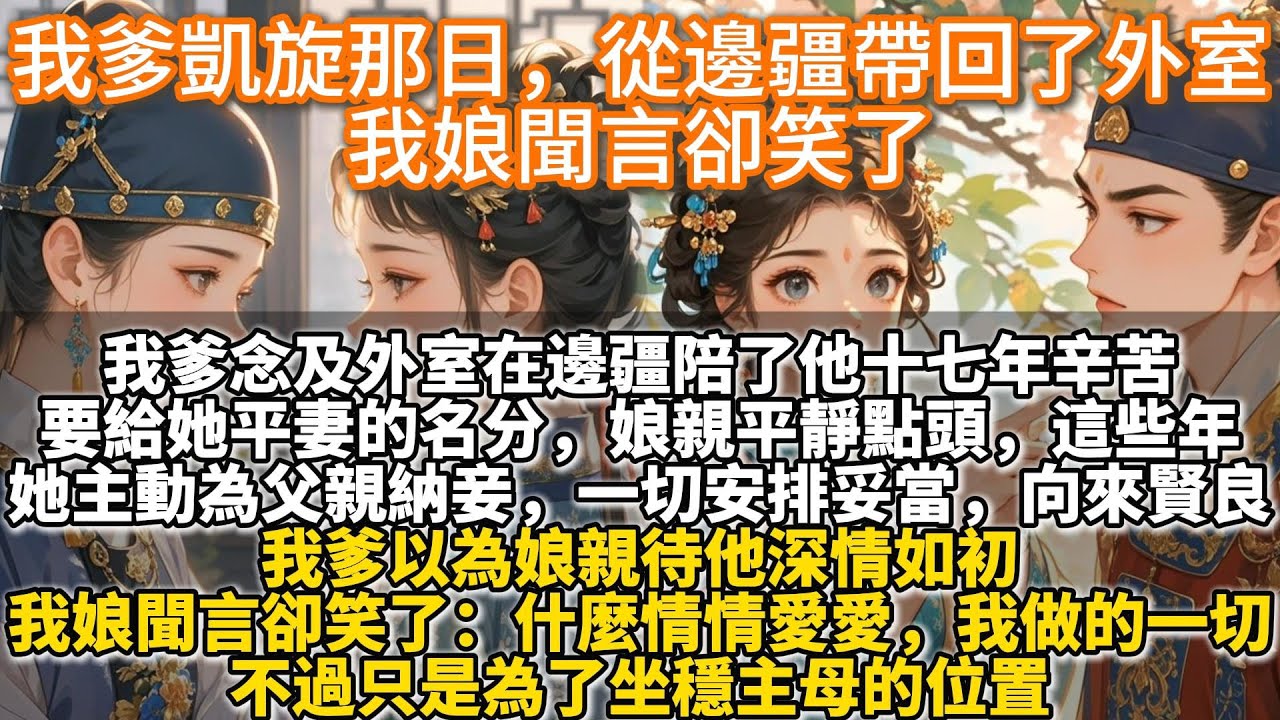 完結爽文：我爹凱旋那日，從邊疆帶回了外室，我娘聞言卻笑了。他念及外室在邊疆陪了他十七年辛苦，要給她平妻的名分，娘親平靜點頭，這些年她主動為父親納妾，將一切安排妥當，向來賢良大度。