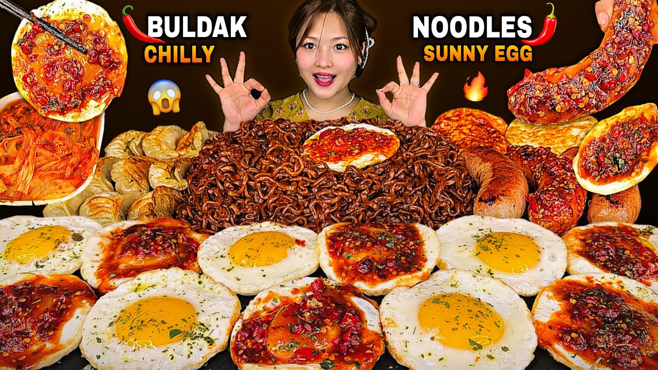 SPICY BLACK BEAN🔥2X BULDAK CHILLY EGG🥚WITH SPICY KIMCHI🌶️CRISPY DUMPLING 🥟 | NEPALI MUKBANG |