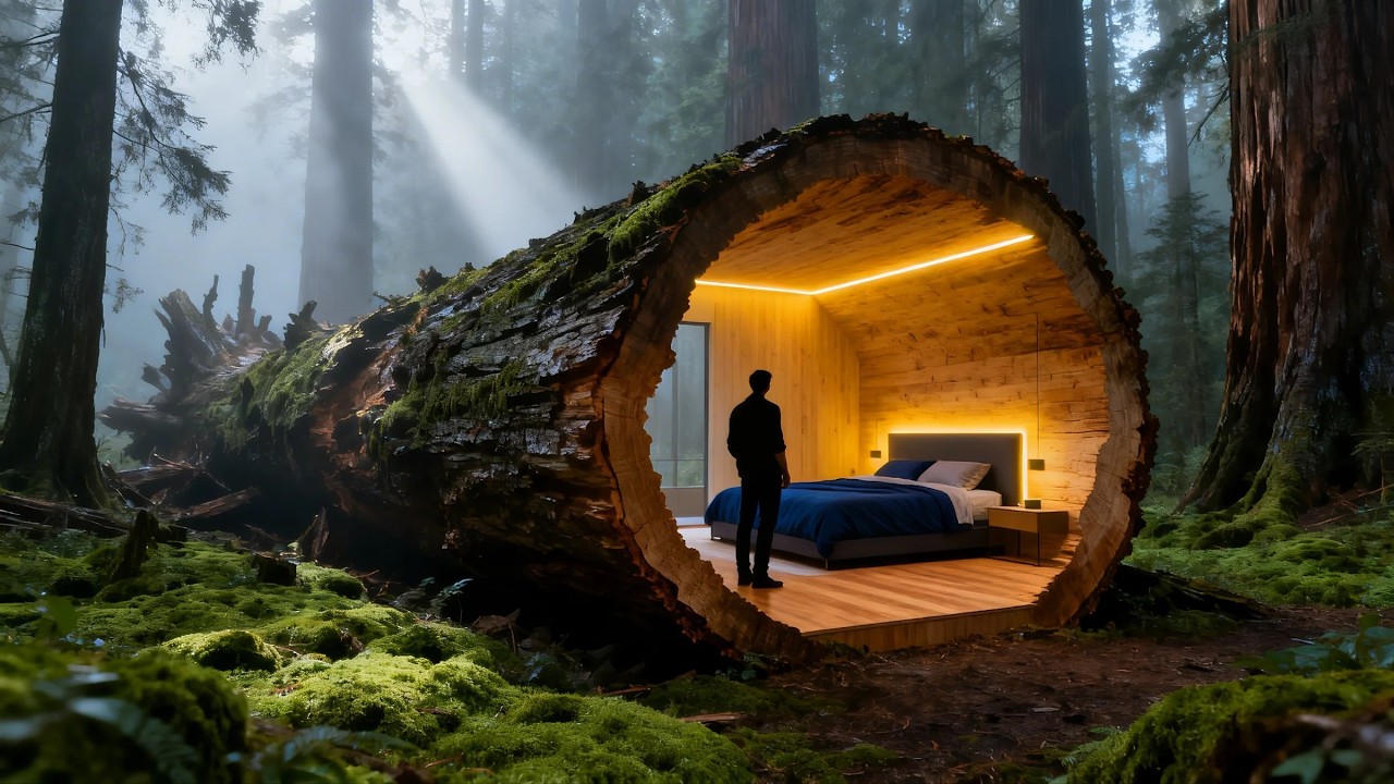 Full Process: Transforming a Giant Fallen Redwood Trunk into a Modern Forest Cabin Alone (ASMR)
