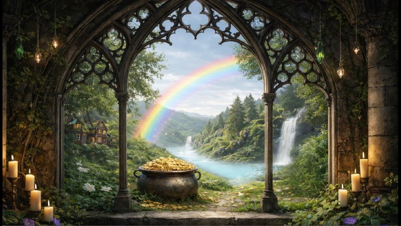 Magical Irish Forest Window ☘️ Rainbow, Waterfalls & Pot of Gold | Irish music | St Patricks Day