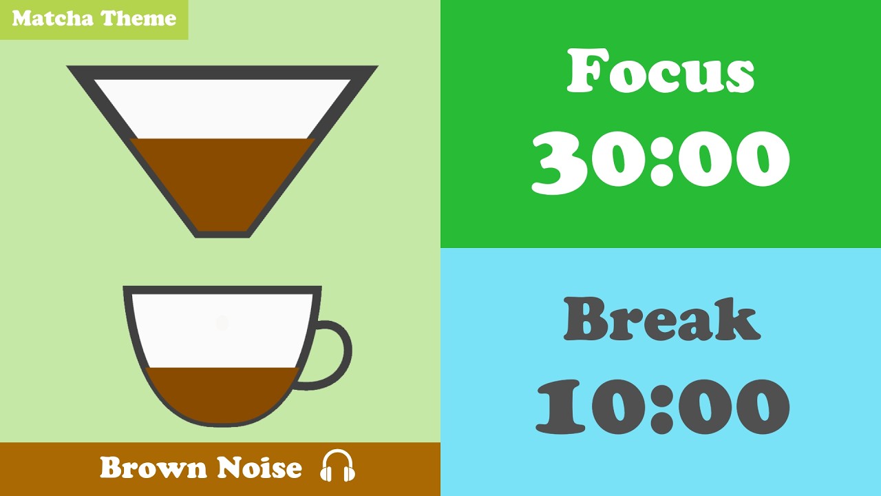 30/10 Minutes Coffee Pomodoro Timer, Work and Study with Me 🎧 Brown Noise, 🌿 Matcha Theme