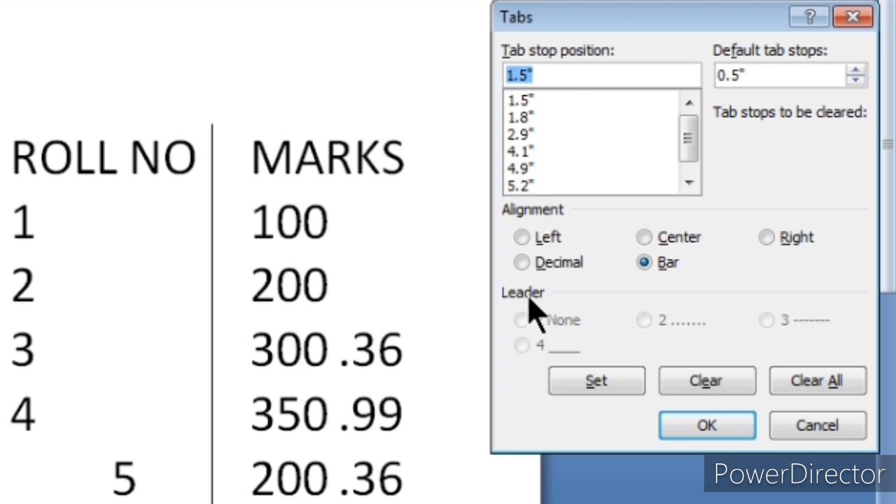 HOW TO DO TAB SET POSITION IN MS WORD IN HINDI | DECIMALS | BAR