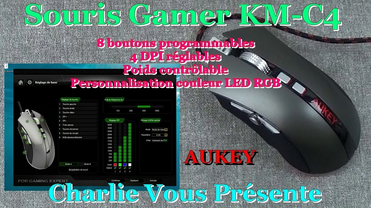 AUKEY Souris Gamer KM-C4 * 8 boutons programmables * 4 DPI réglables * poids contrôlable